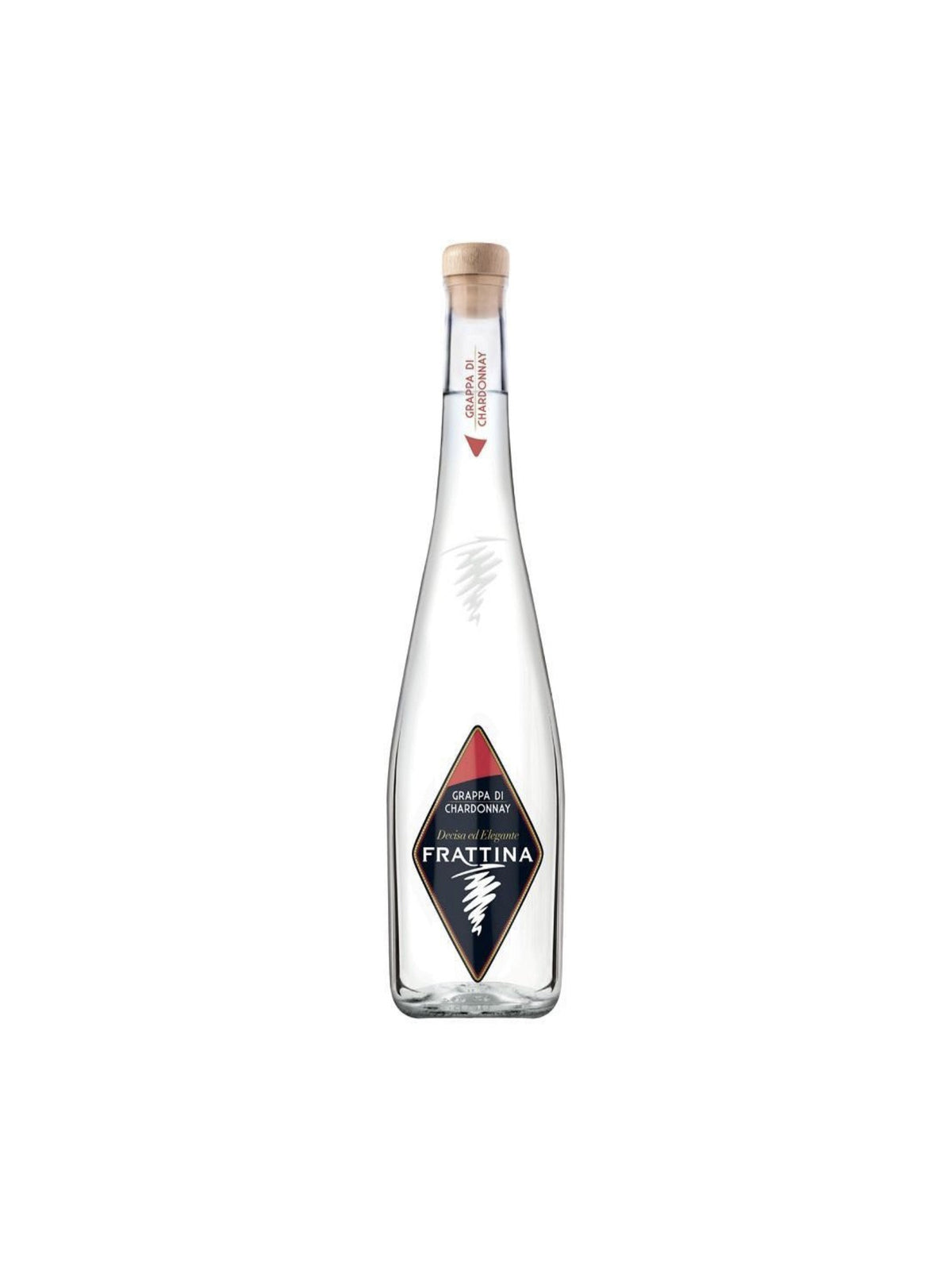 Grappa Di Chardonnay Frattina bottle with diamond label and wooden cork