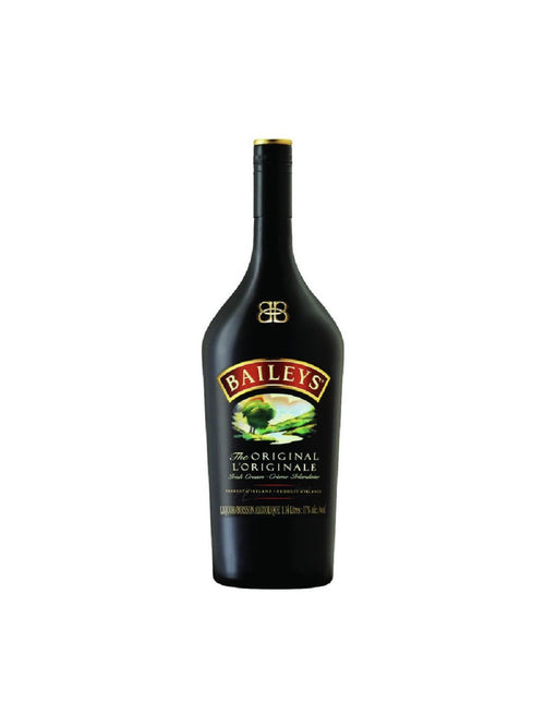 Baileys Irish Cream whisky bottle, 1.14L matte black glass with gold cap and green landscape label