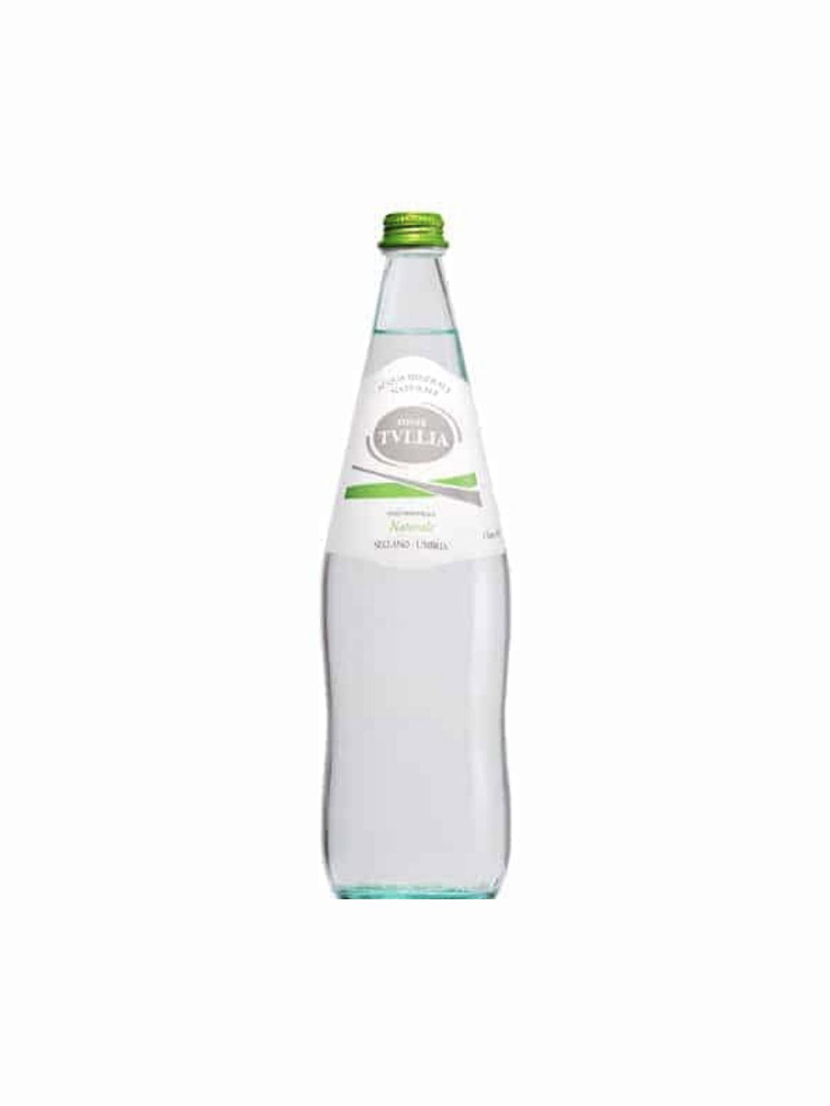 Acqua Tullia mineral water glass bottle with green cap and white label