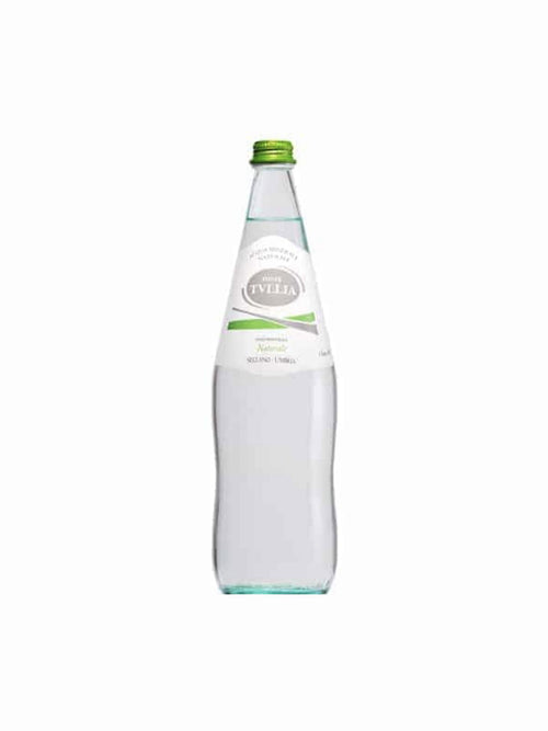 Acqua Tullia mineral water glass bottle with green cap and white label