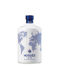 Nordés Galician Gin bottle with world map design and blue compass logo