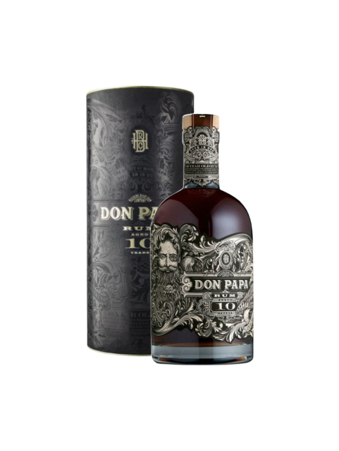 Don Papa 10 Year Old Rum in black cylindrical gift tube with silver etched label