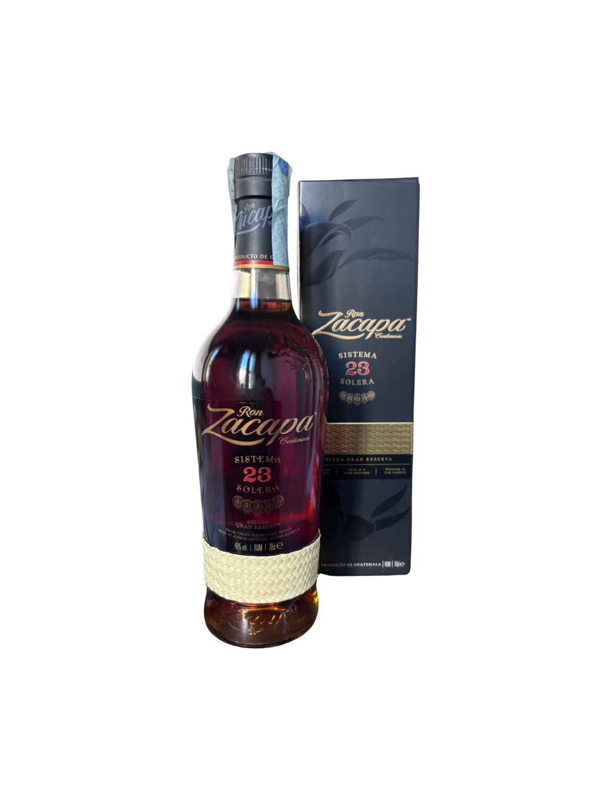 Rum Zacapa 23 Solera con astuccio regalo, bottiglia su base intrecciata e scatola blu oro