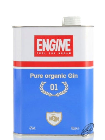 Front view of Engine Pure Organic Gin metal can with red logo, gold laurel wreath, and 700ml size