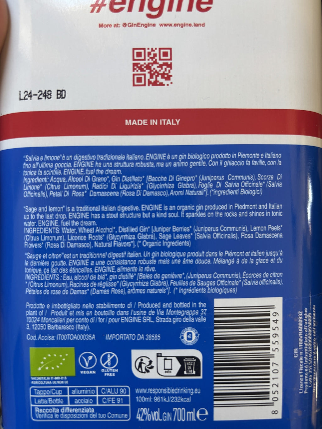 Back label of Engine Italian Organic Gin can showing ingredients, barcode, and 42% vol details