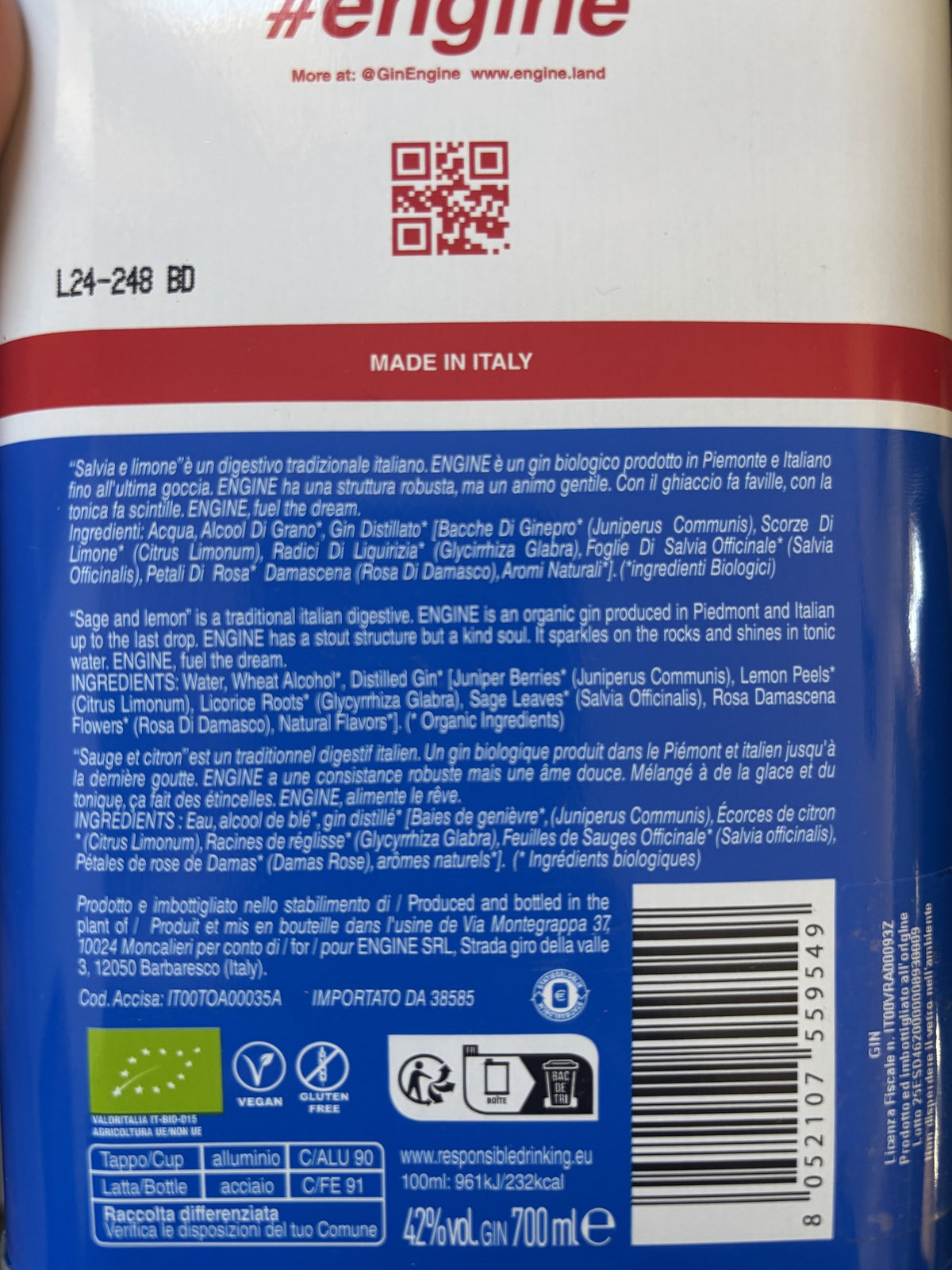 Back label of Engine Italian Organic Gin can showing ingredients, barcode, and 42% vol details