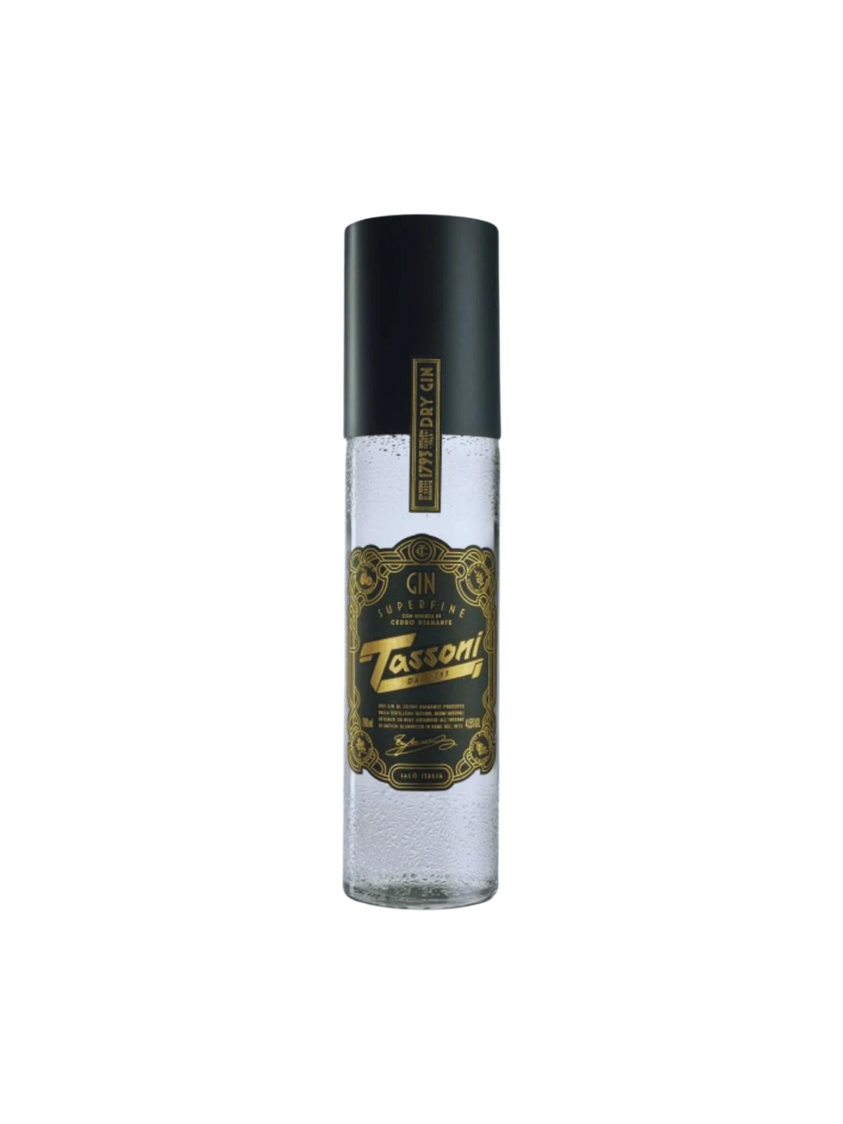 Tassoni Gin Superfine with Diamond Cedar essence, clear glass bottle with black cap and gold label