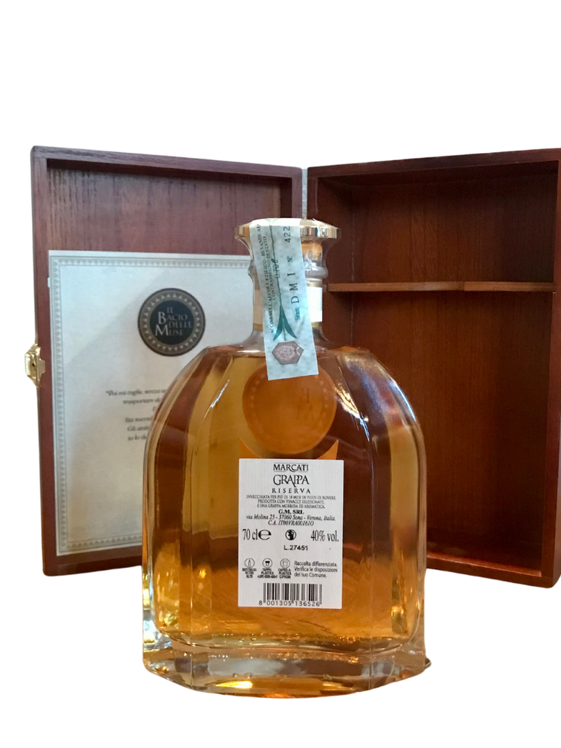 Marcati Grappa Riserva Il Bacio delle Muse with tax seal and certificate