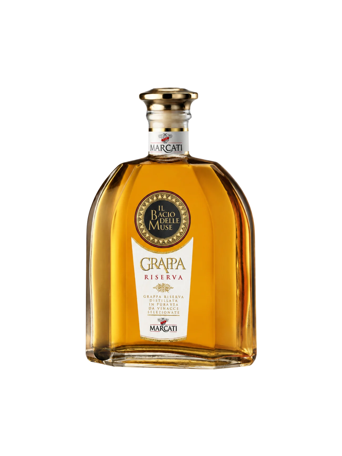 Marcati Grappa Riserva Il Bacio Delle Muse bottle with gold cap and label