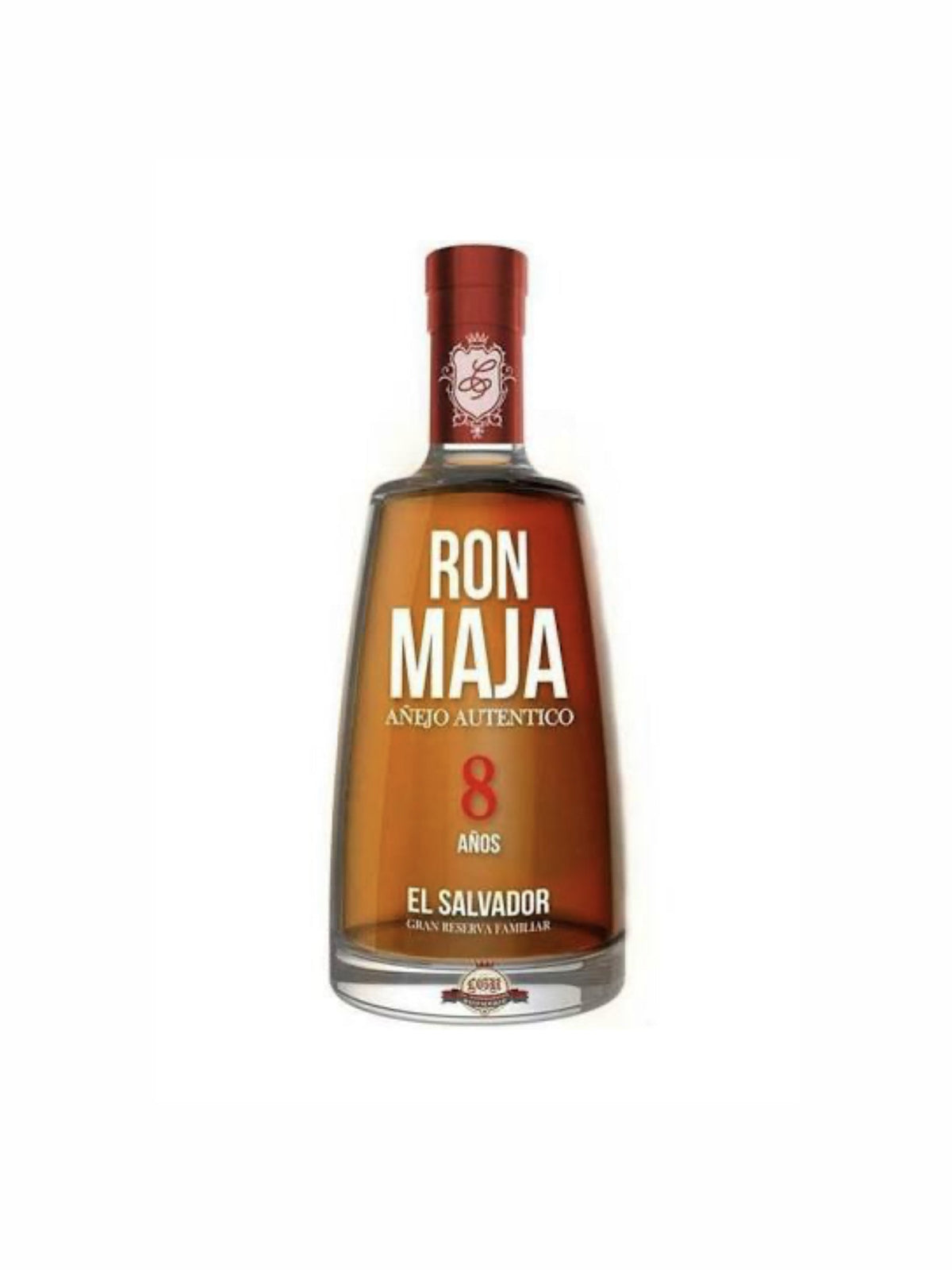 Ron Maja 8 Year Añejo Rum bottle with red foil and amber liquid